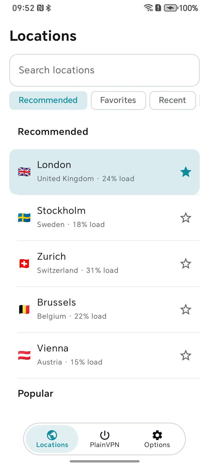 PlainVPN Android — Find a location. Make it a favorite.