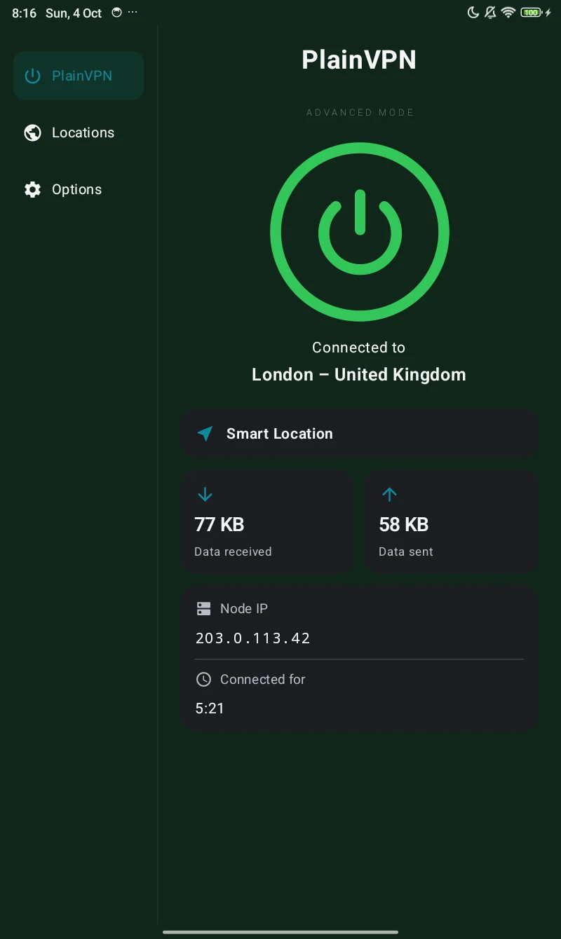 PlainVPN Android tablet — Advanced mode