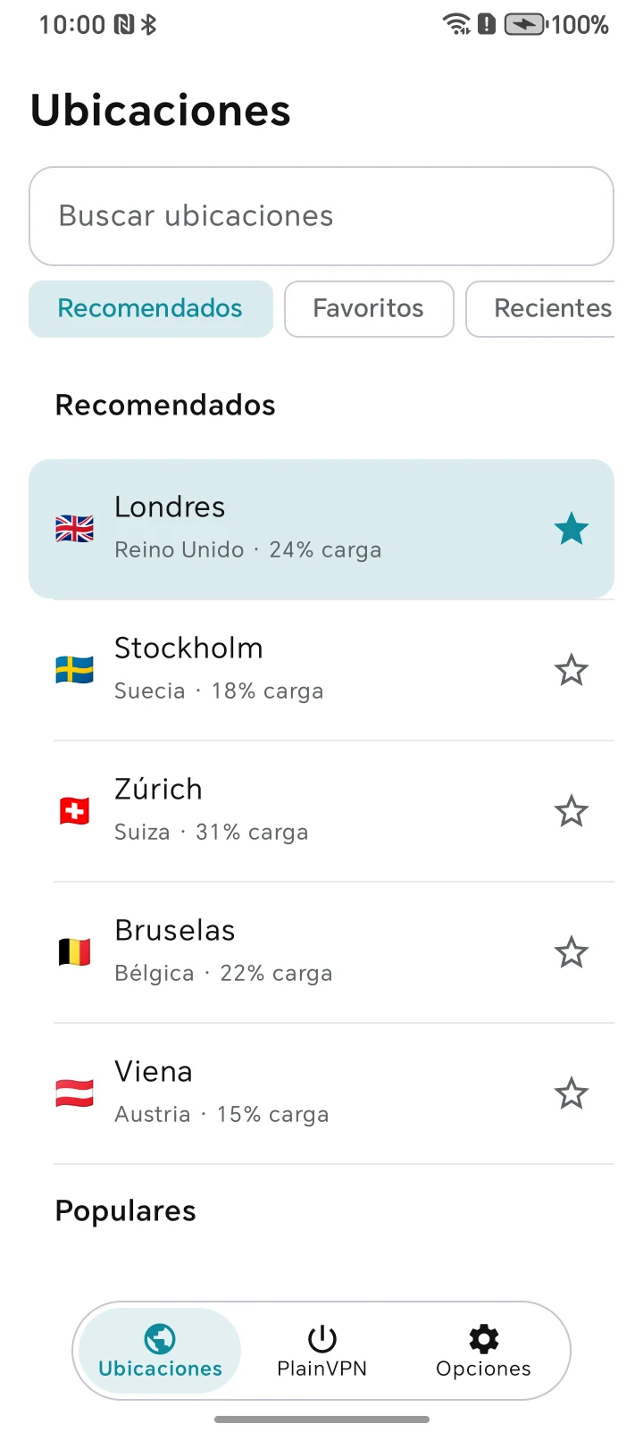 PlainVPN Android — Busca una ubicación. Guárdala en Favoritos.