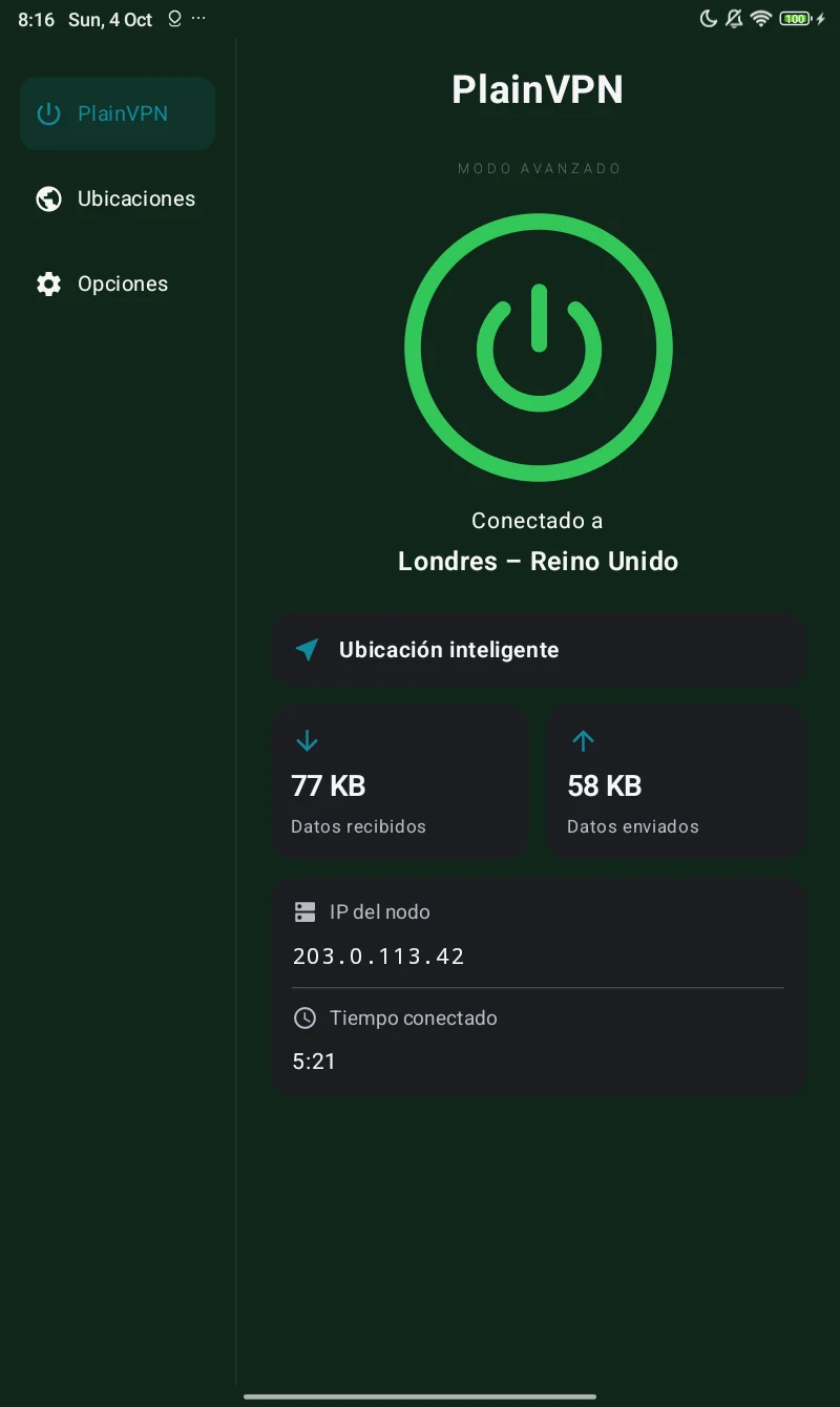 PlainVPN Android tablet — Modo Avanzado