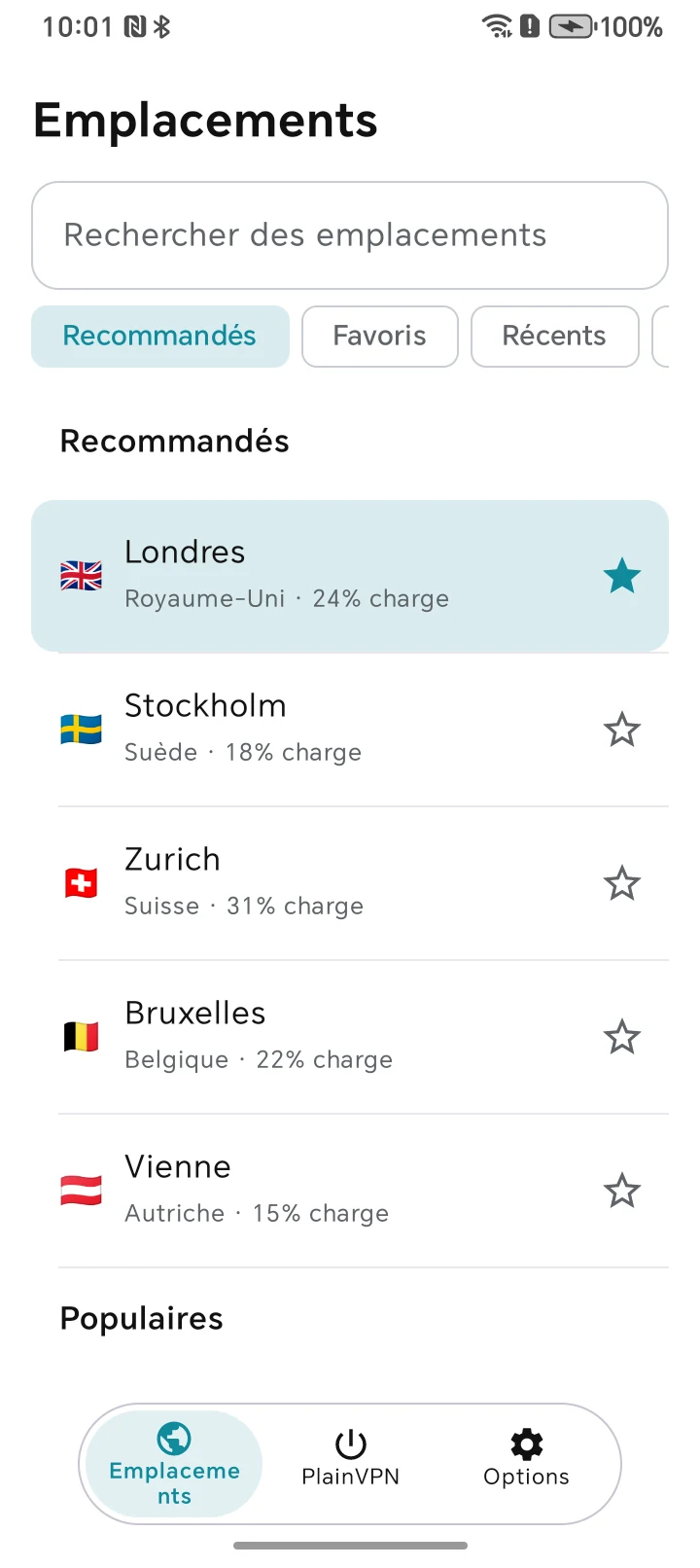 PlainVPN Android — Trouvez un emplacement. Ajoutez-le aux Favoris.