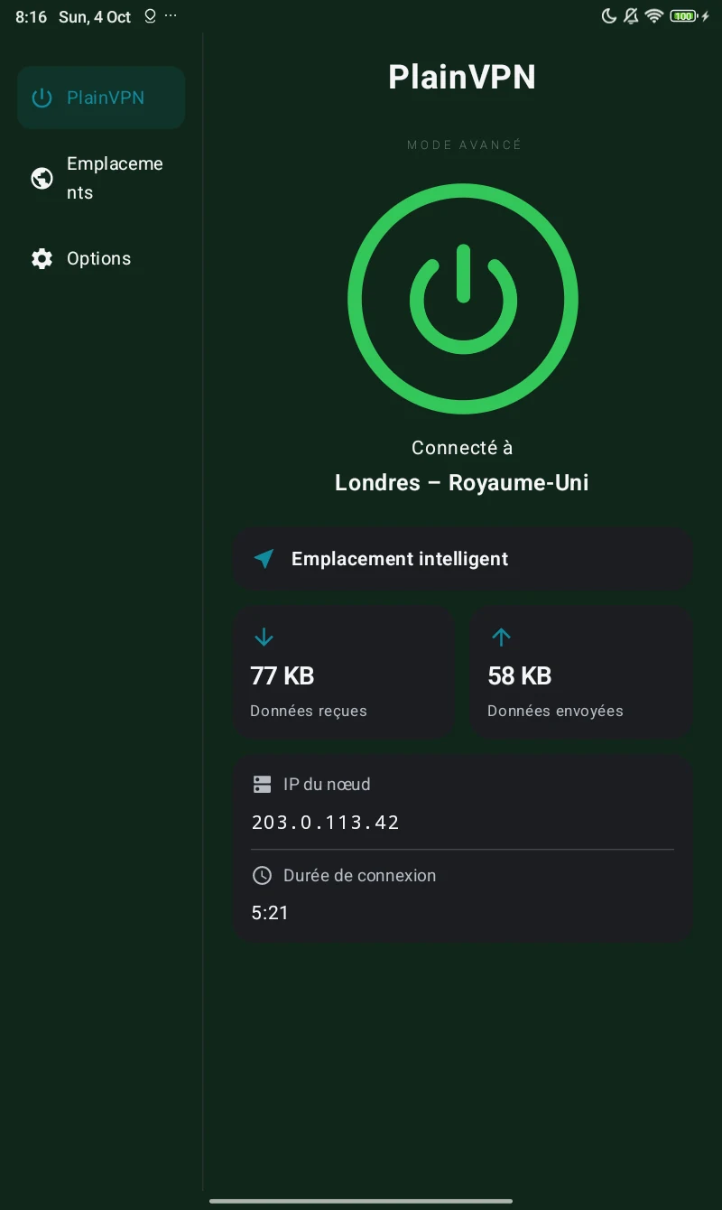 PlainVPN Android tablet — Mode Avancé