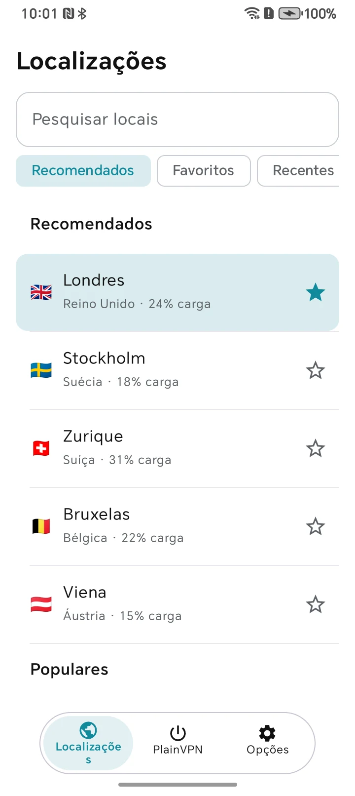 PlainVPN Android — Encontre uma localização. Salve nos Favoritos.