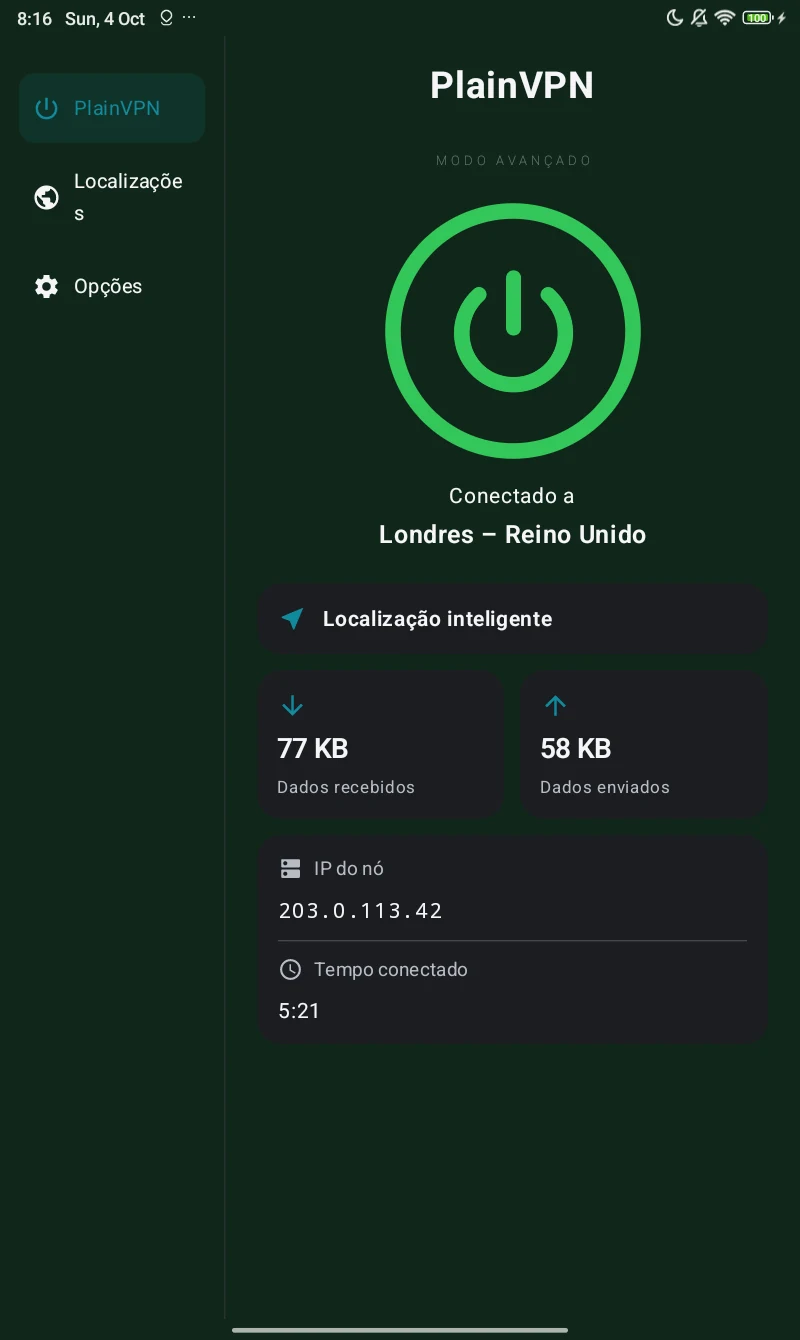 PlainVPN Android tablet — Modo Avançado