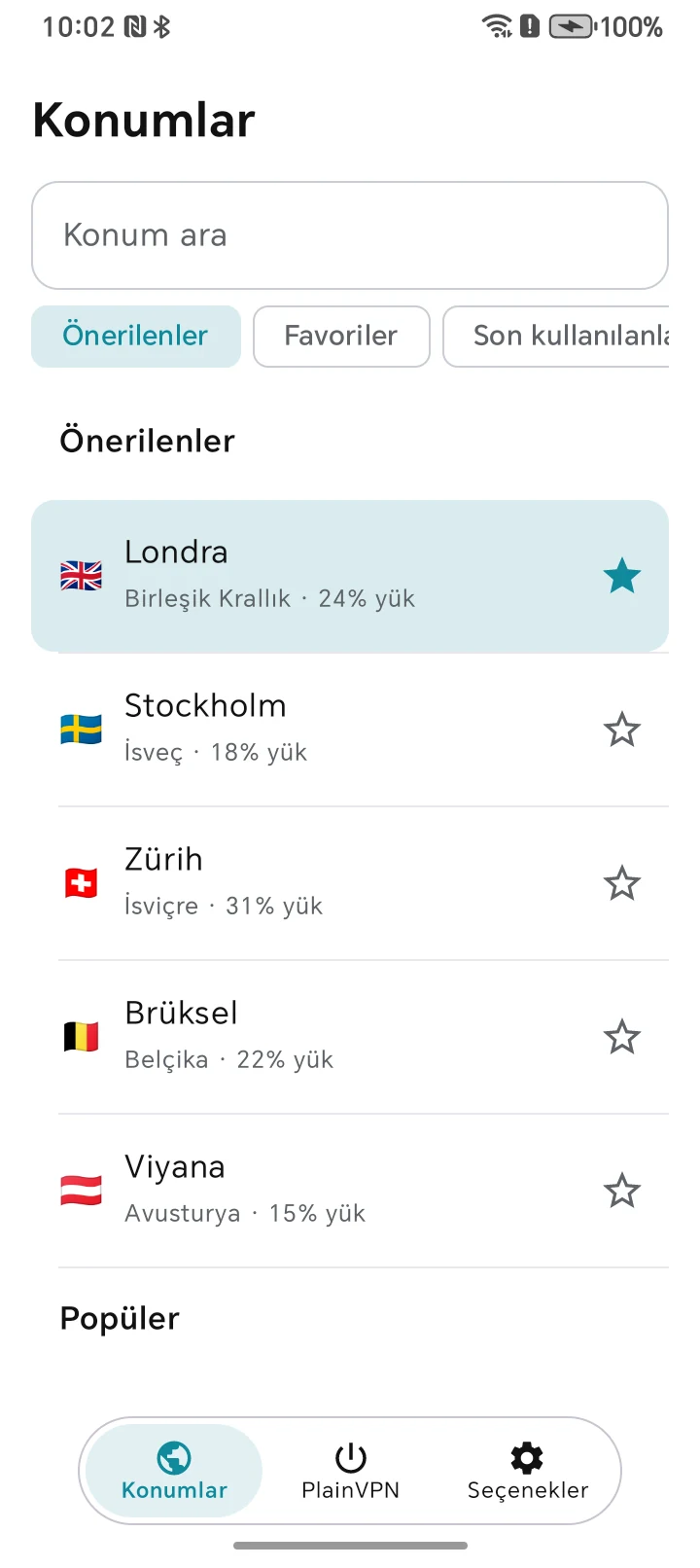 PlainVPN Android &mdash; Bir konum bulun. Favorilere ekleyin.