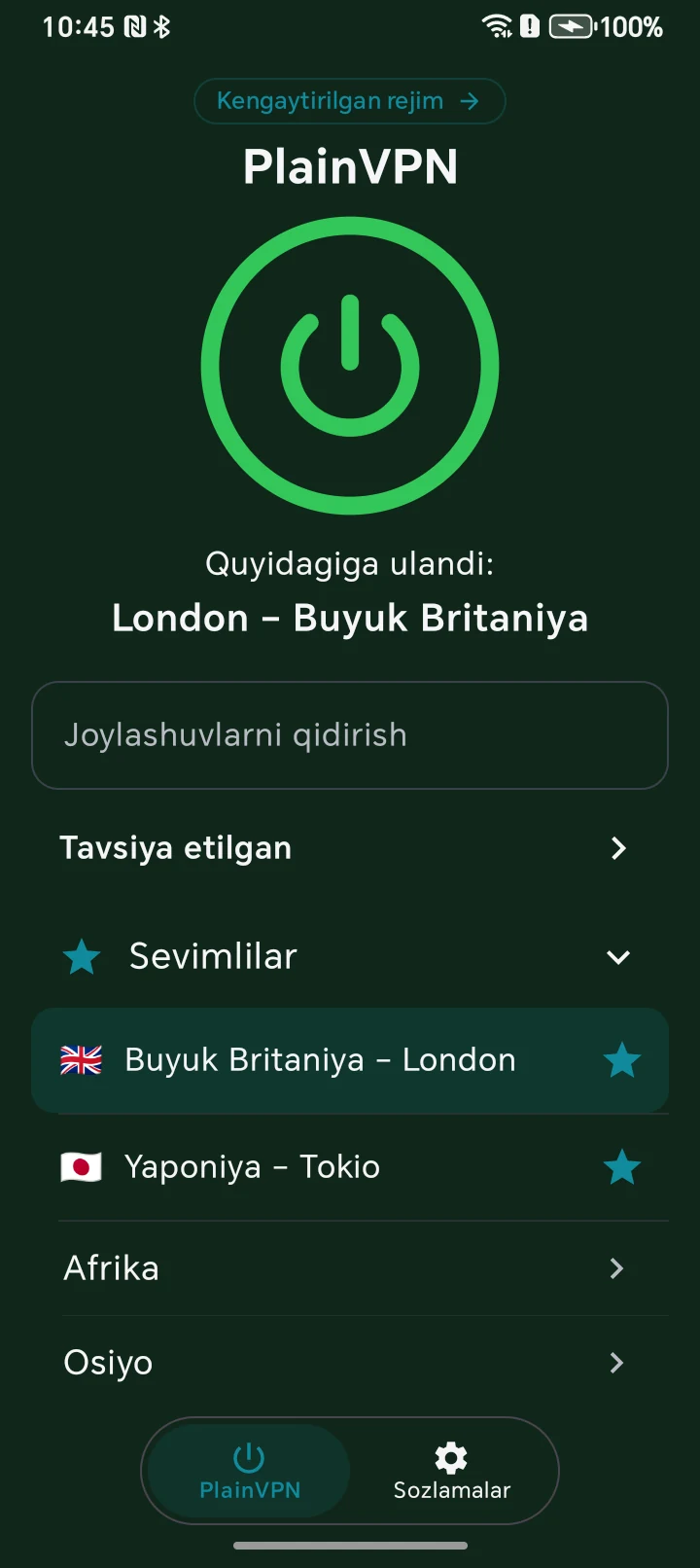 PlainVPN Android &mdash; Oddiy rejim