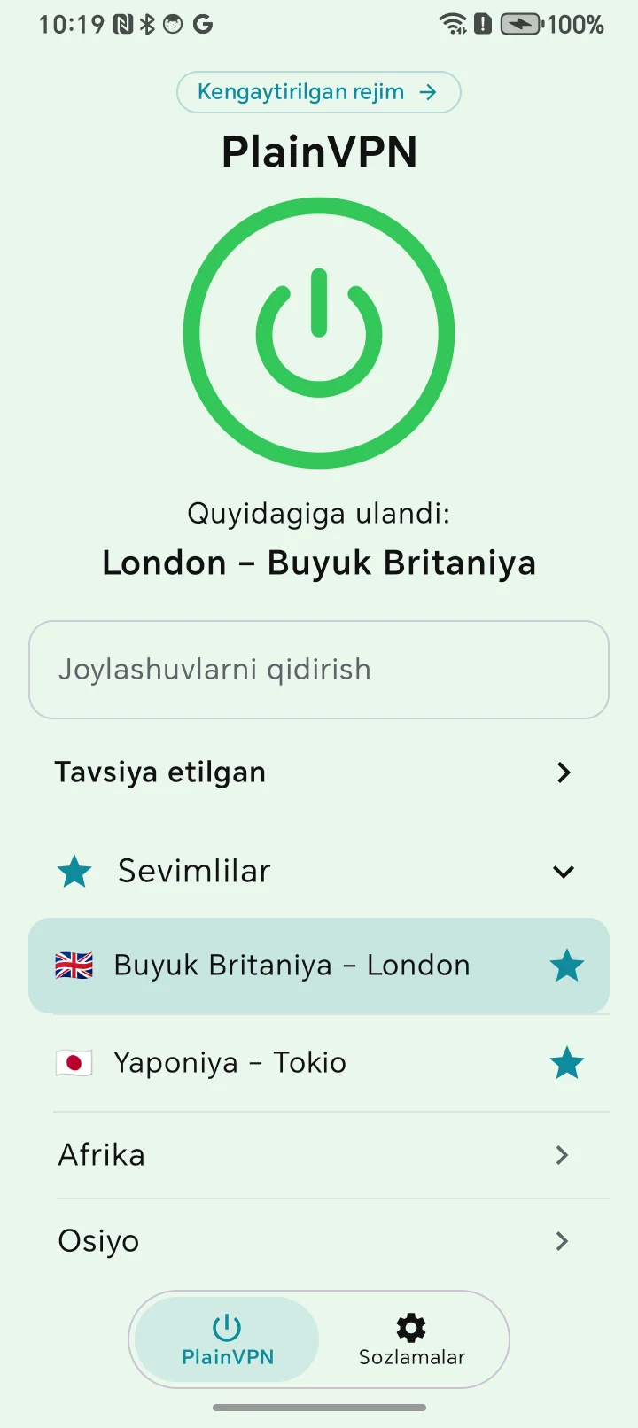 PlainVPN Android &mdash; Oddiy rejim