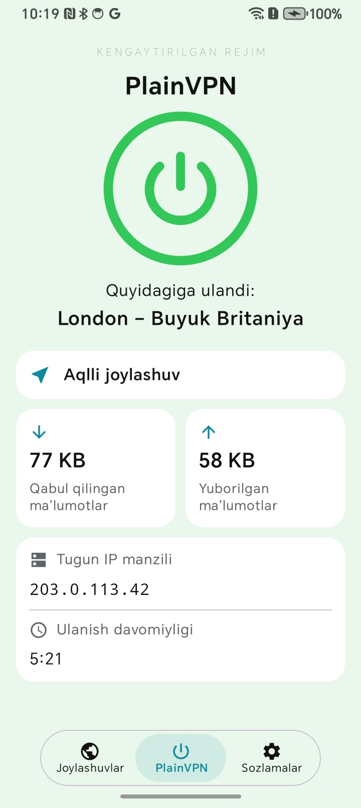 PlainVPN Android &mdash; Kengaytirilgan rejim