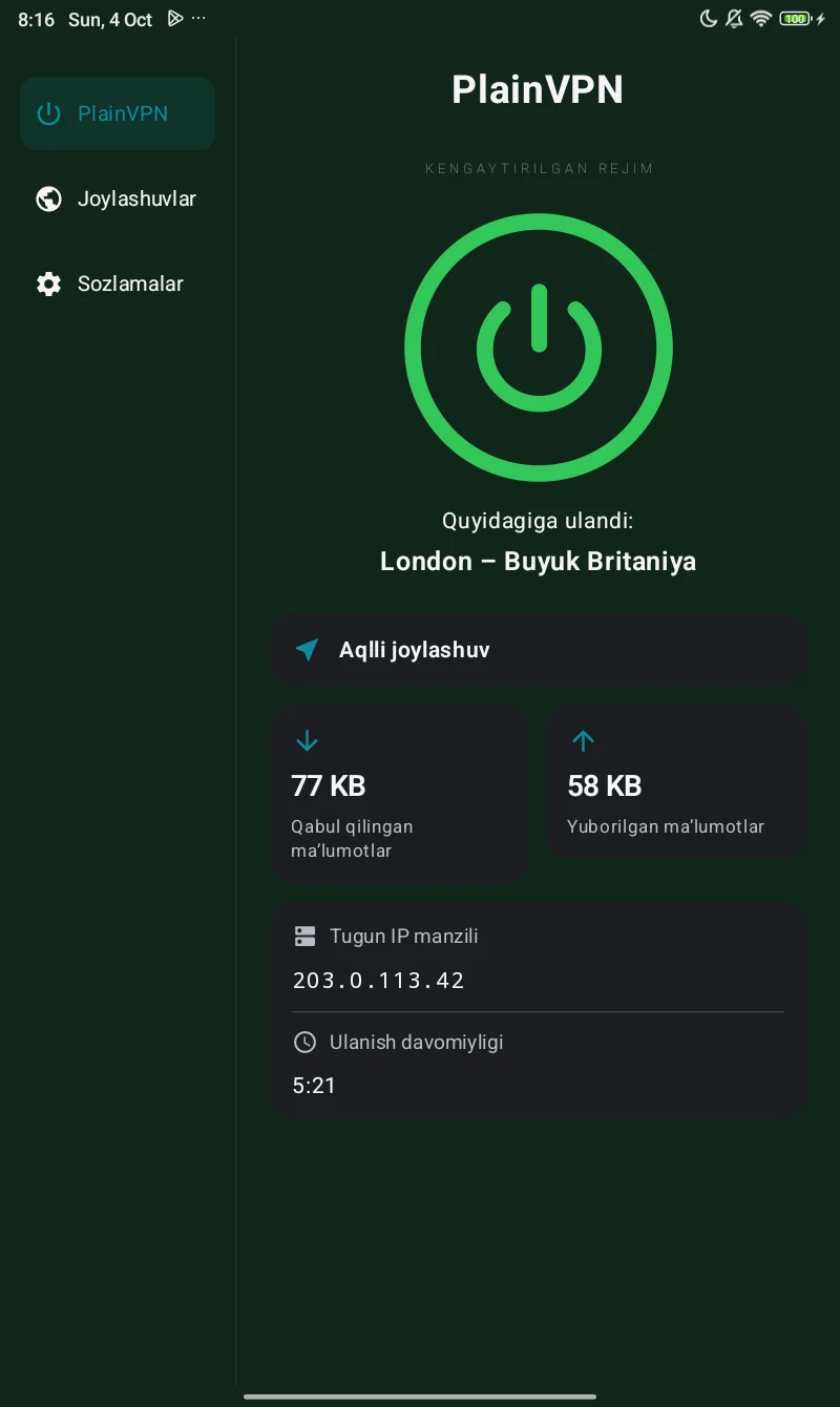 PlainVPN Android tablet &mdash; Kengaytirilgan rejim