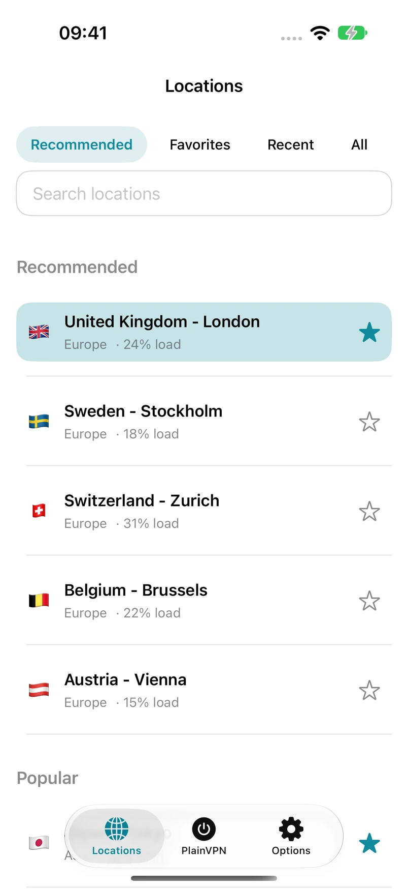 PlainVPN iPhone — Find a location. Make it a favorite.