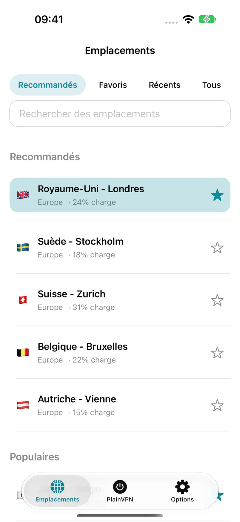 PlainVPN iPhone — Trouvez un emplacement. Ajoutez-le aux Favoris.