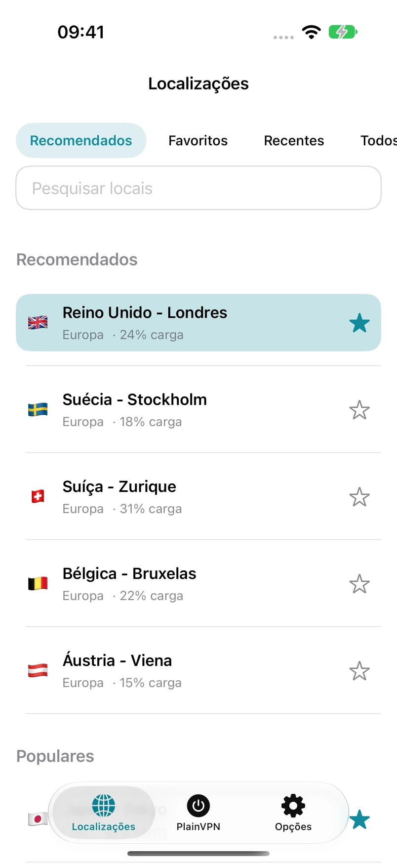 PlainVPN iPhone — Encontre uma localização. Salve nos Favoritos.