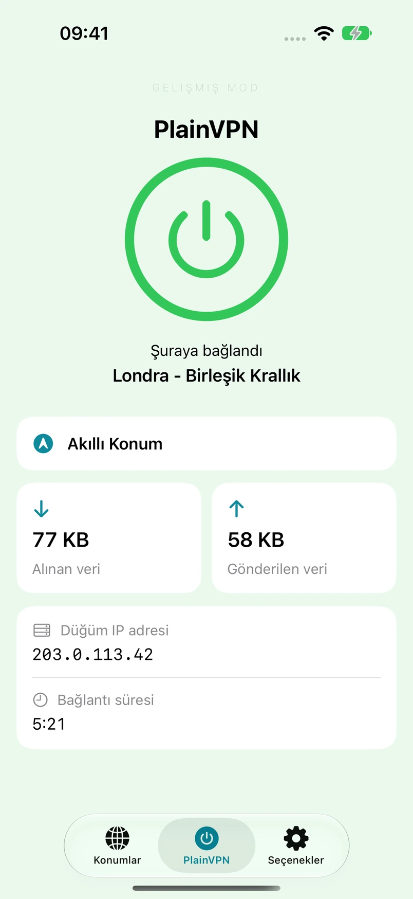 PlainVPN iPhone — Gelişmiş mod