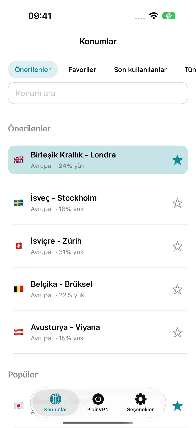 PlainVPN iPhone — Bir konum bulun. Favorilere ekleyin.