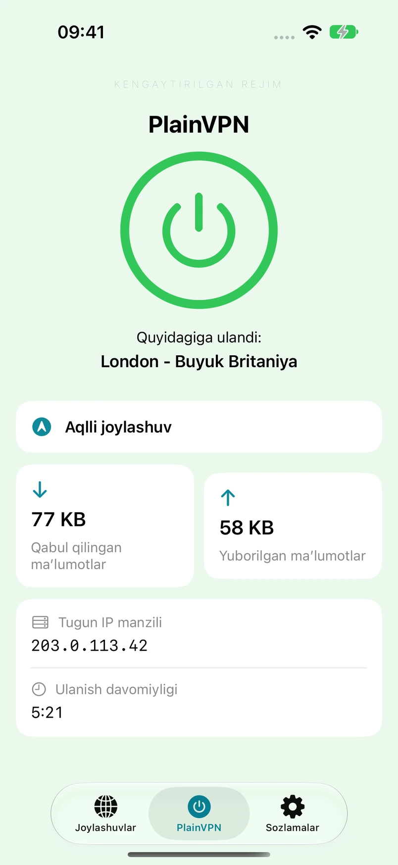 PlainVPN iPhone — Kengaytirilgan rejim
