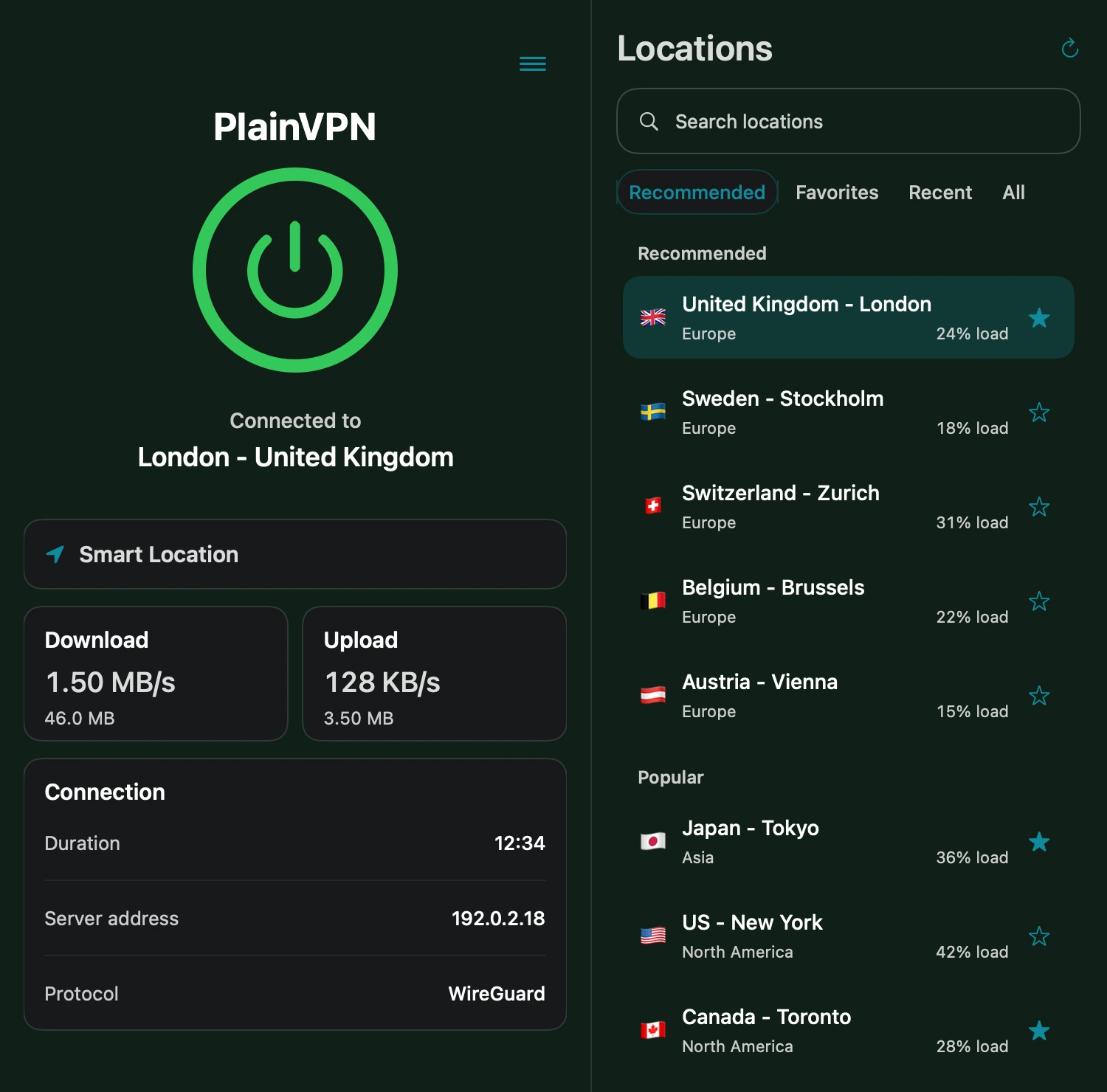 PlainVPN — Advanced mode