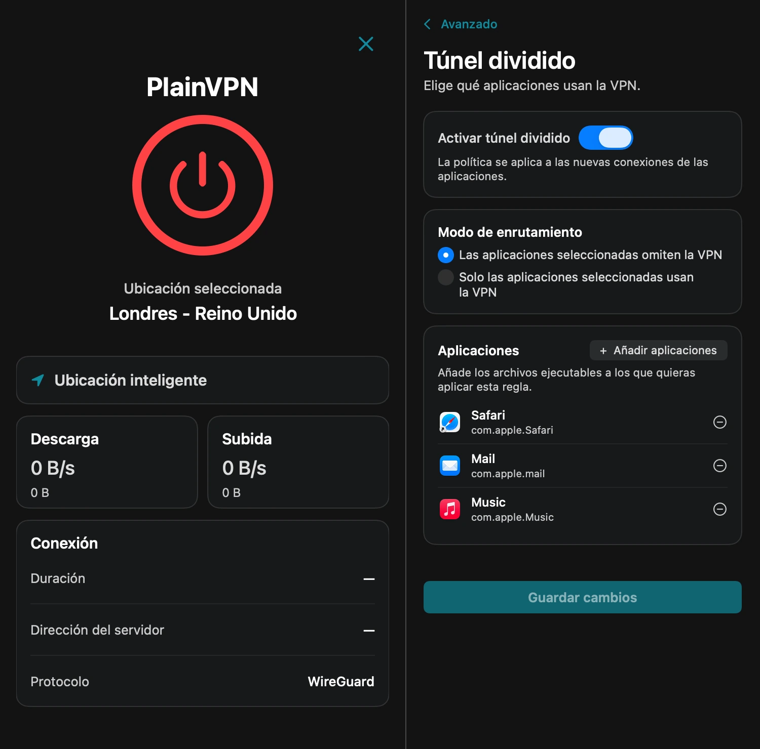 PlainVPN — Elige qué aplicaciones de Mac usan la VPN