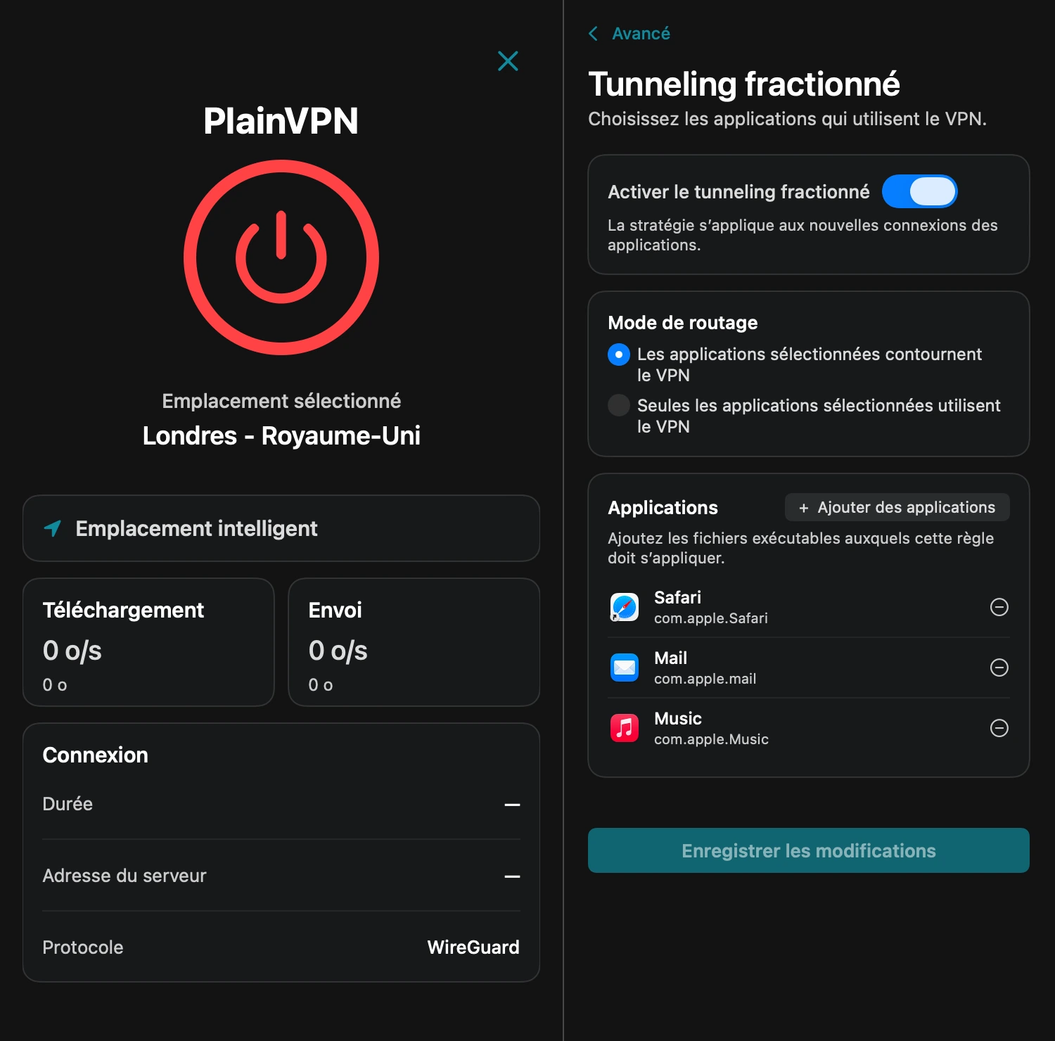 PlainVPN — Choisissez les applications Mac qui utilisent le VPN