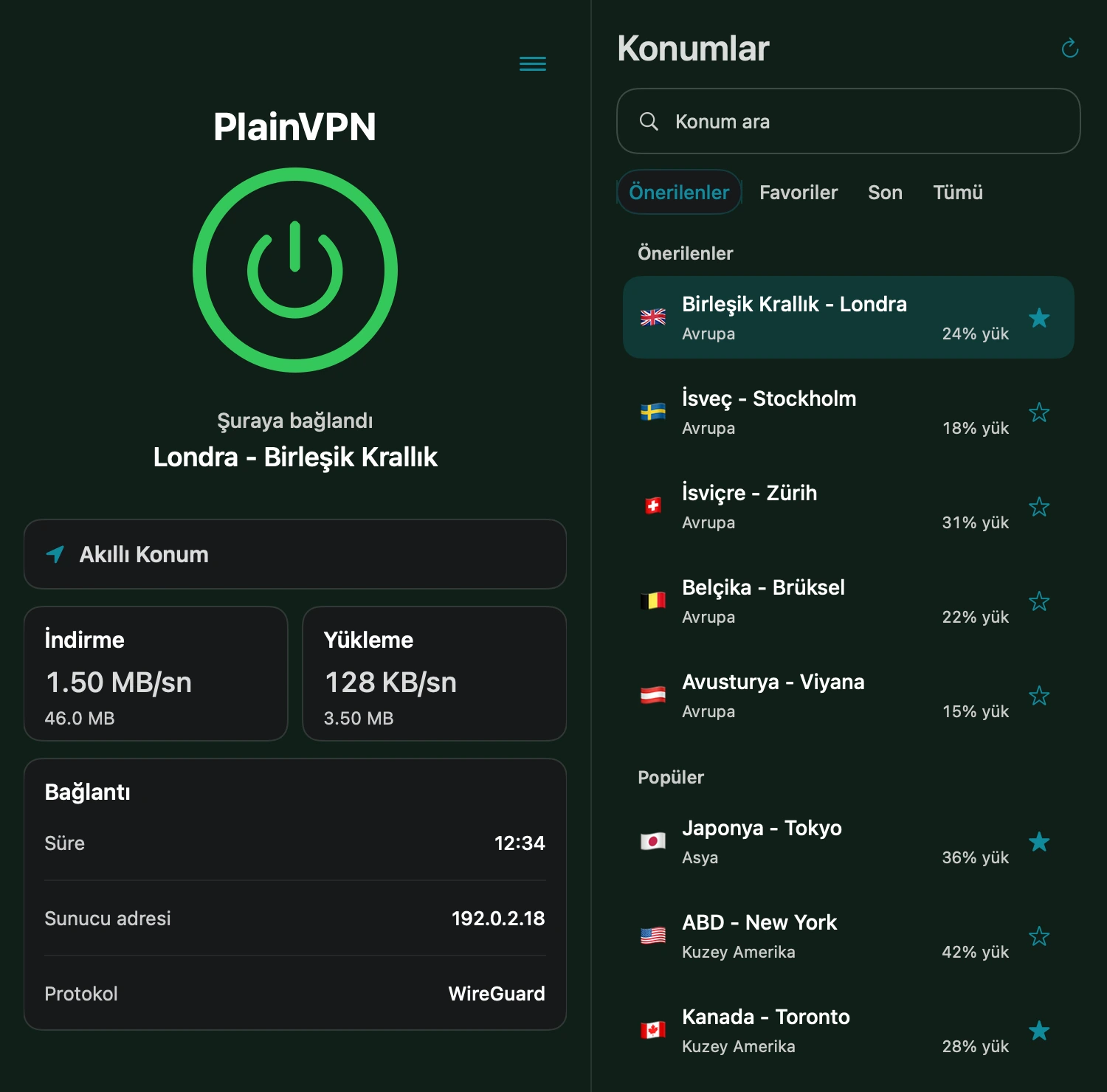 PlainVPN — Gelişmiş mod