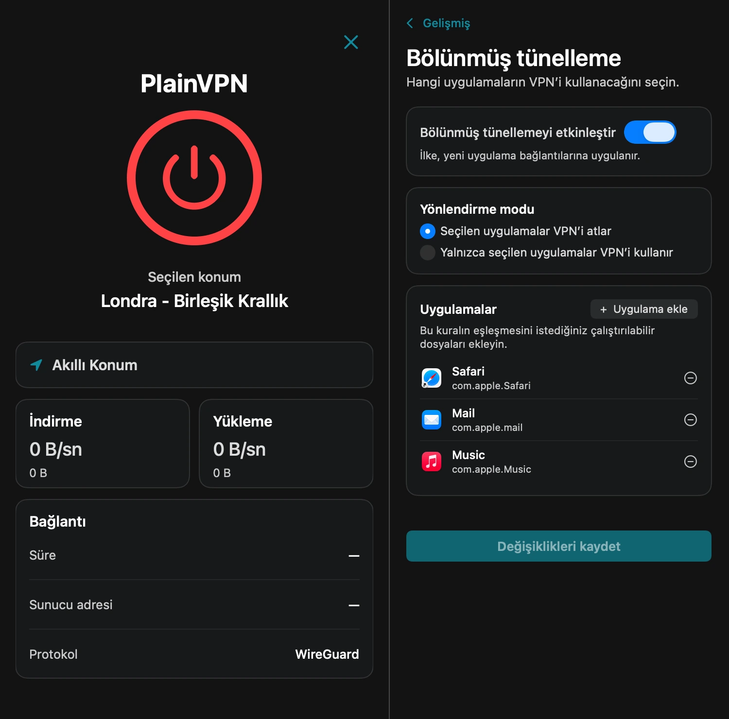 PlainVPN — Hangi Mac uygulamalarının VPN kullanacağını seçin