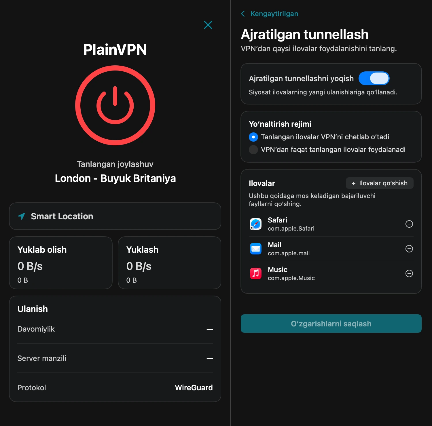 PlainVPN — VPN’dan foydalanadigan Mac ilovalarini tanlang