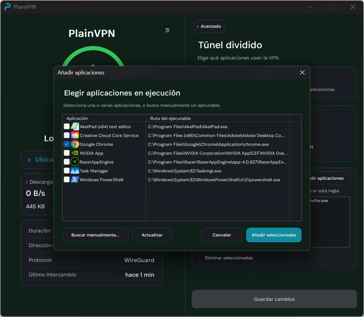 PlainVPN — Elige qué aplicaciones de Windows usan la VPN