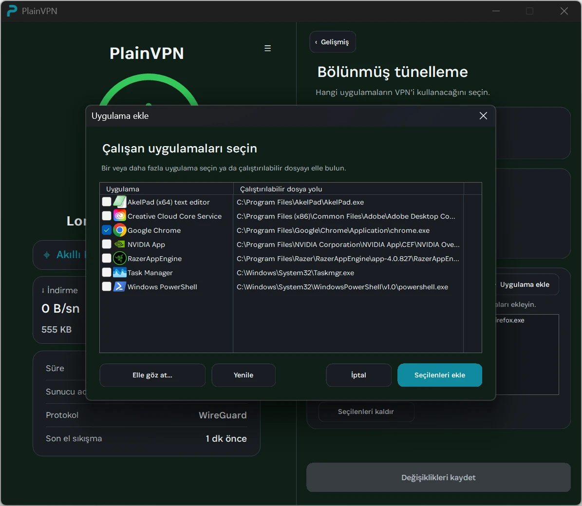 PlainVPN &mdash; Hangi Windows uygulamalarının VPN kullanacağını se&ccedil;in